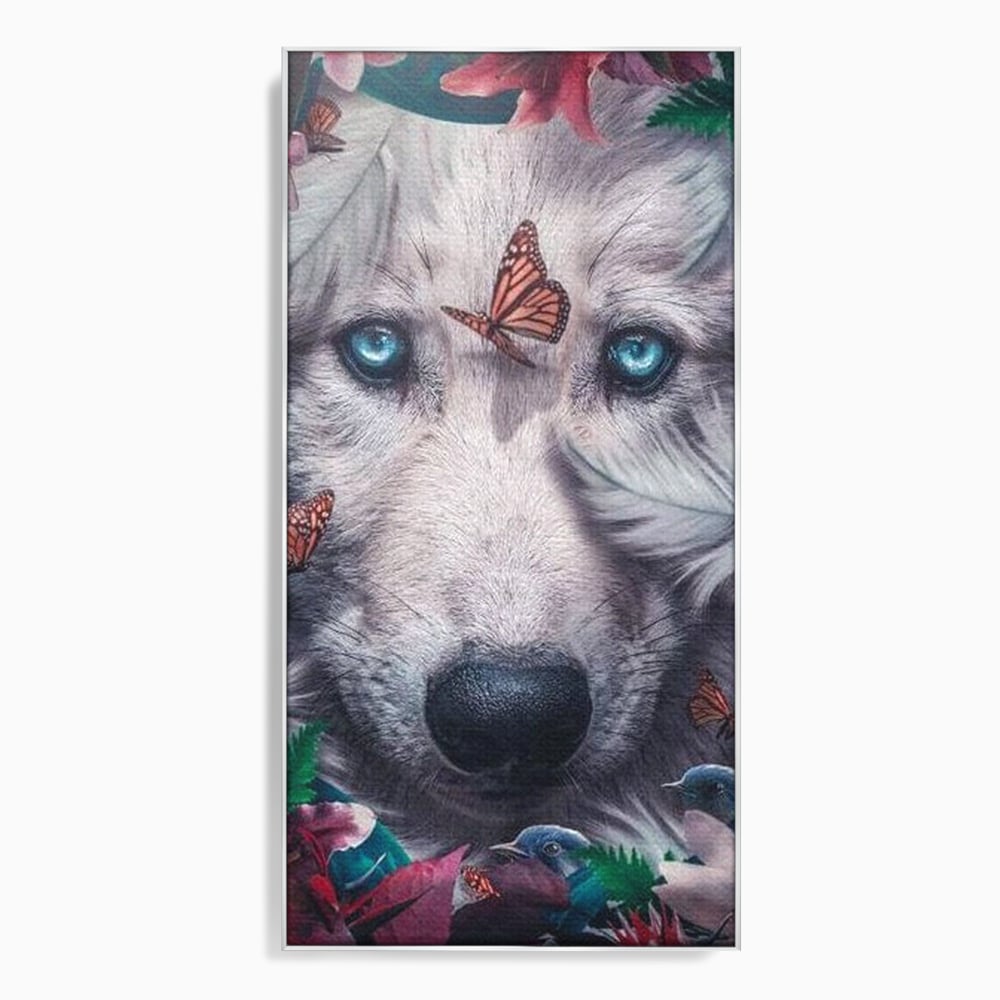 Tablou canvas cu tablou canvas cu lup alb si fluturi, in rama de aluminiu argintiu